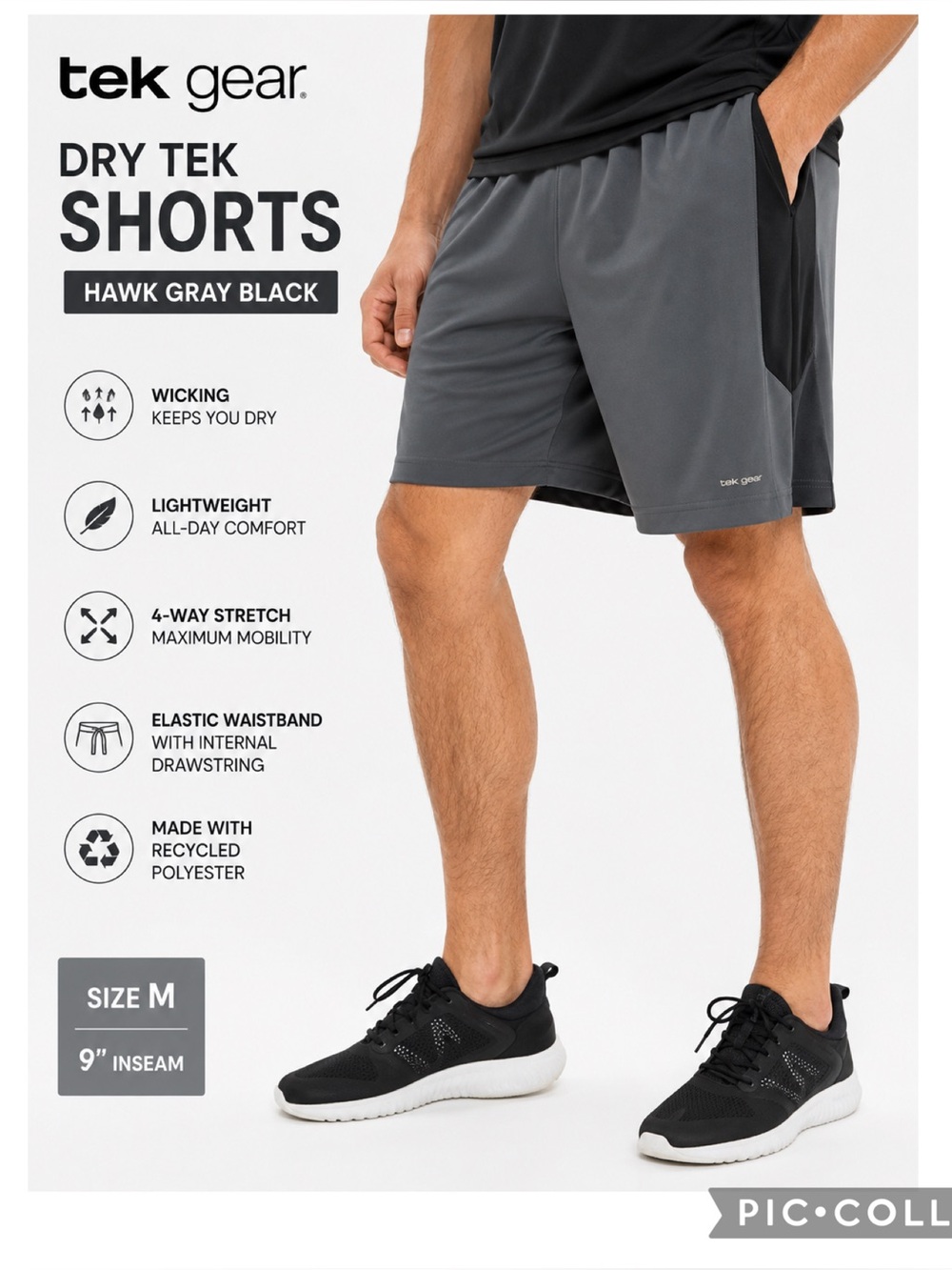 Tek Gear Dry Tek Athletic Shorts Men’s Medium Gray Black 9” Gym Training NWT
